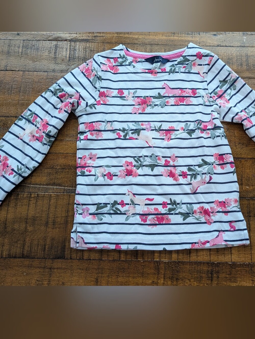 Joules Girls 5 White & Navy Striped Long Sleeve Top with Pink Floral Print Excel